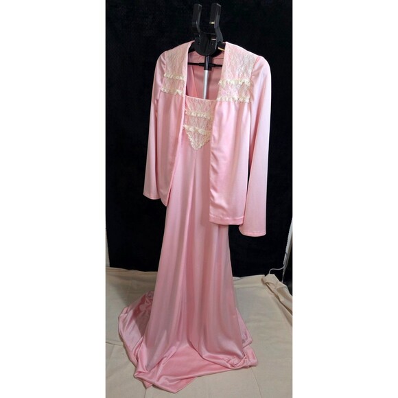 Vintage 1970s Pink Rayon w/ Lace Nightgown & Bed Jacket Set Vintage Sleepwear - Picture 9 of 10